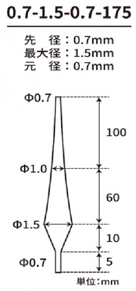 形状記憶合金テーパー 0.7-1.5-0.7-175（細径モデル／ライトゲーム用）
